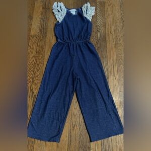 Bonnie Jean Navy Jumpsuit with Lace Shoulders